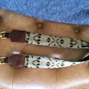 Black/Navy/Gold Design Wool and Leather Crossbody Strap with Brass Hooks
